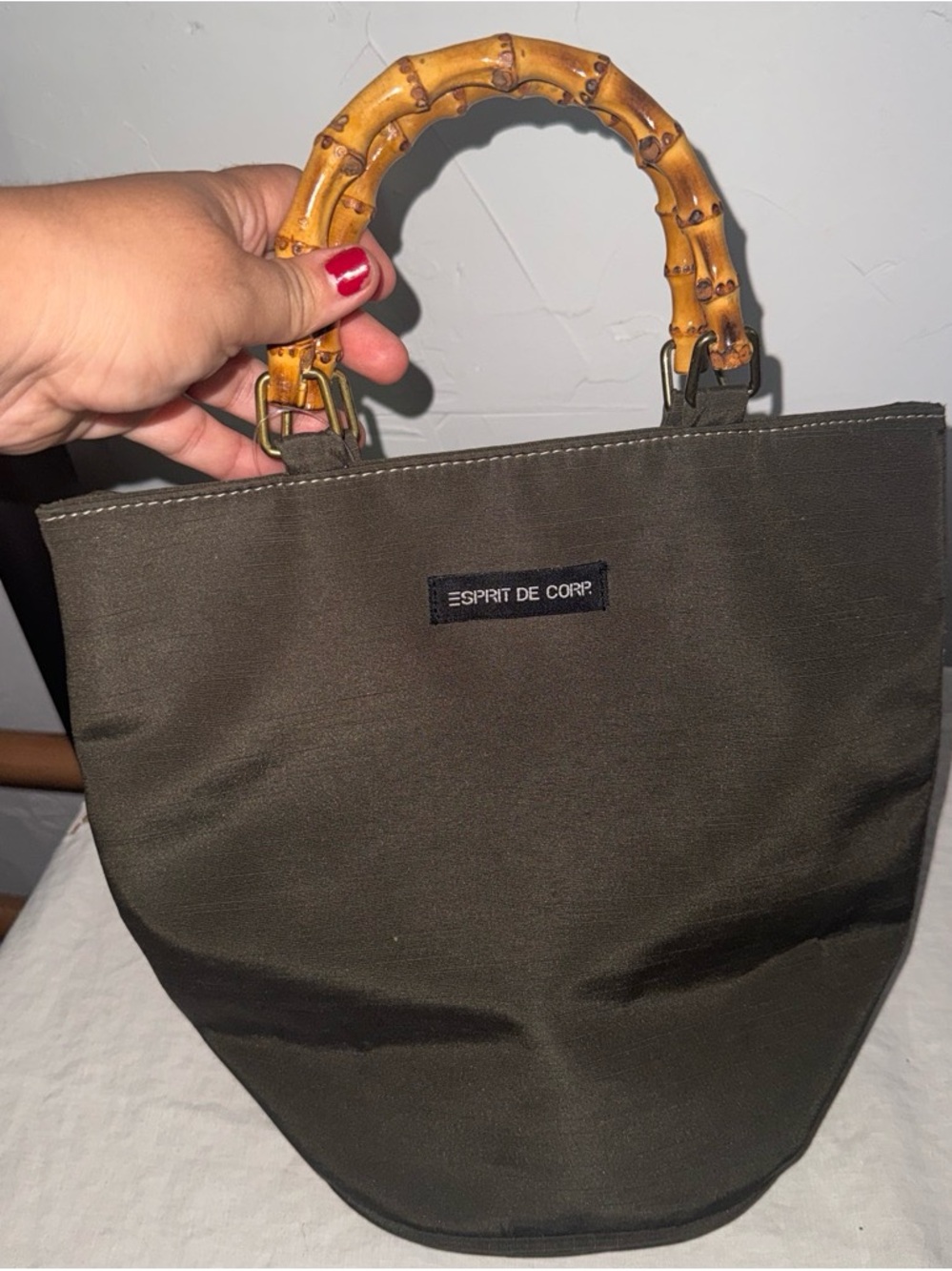 Esprit Olive Green Tote with Bamboo-Style Handles